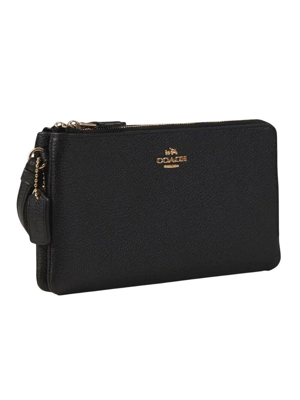 COACH DOUBLE ZIP WALLET IN POLISHED PEBBLE LEATHER BLACK WITH CARD SLOTS NEW!